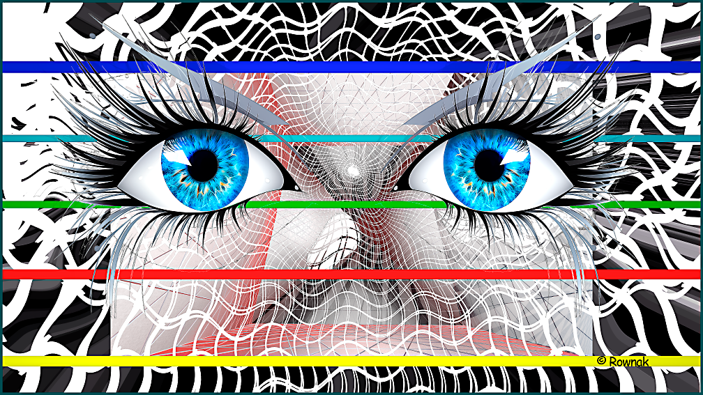 Large blue eyes glare back through colored lines and a confusing black and white sea of designs. Digital art creation of Richard Rownak